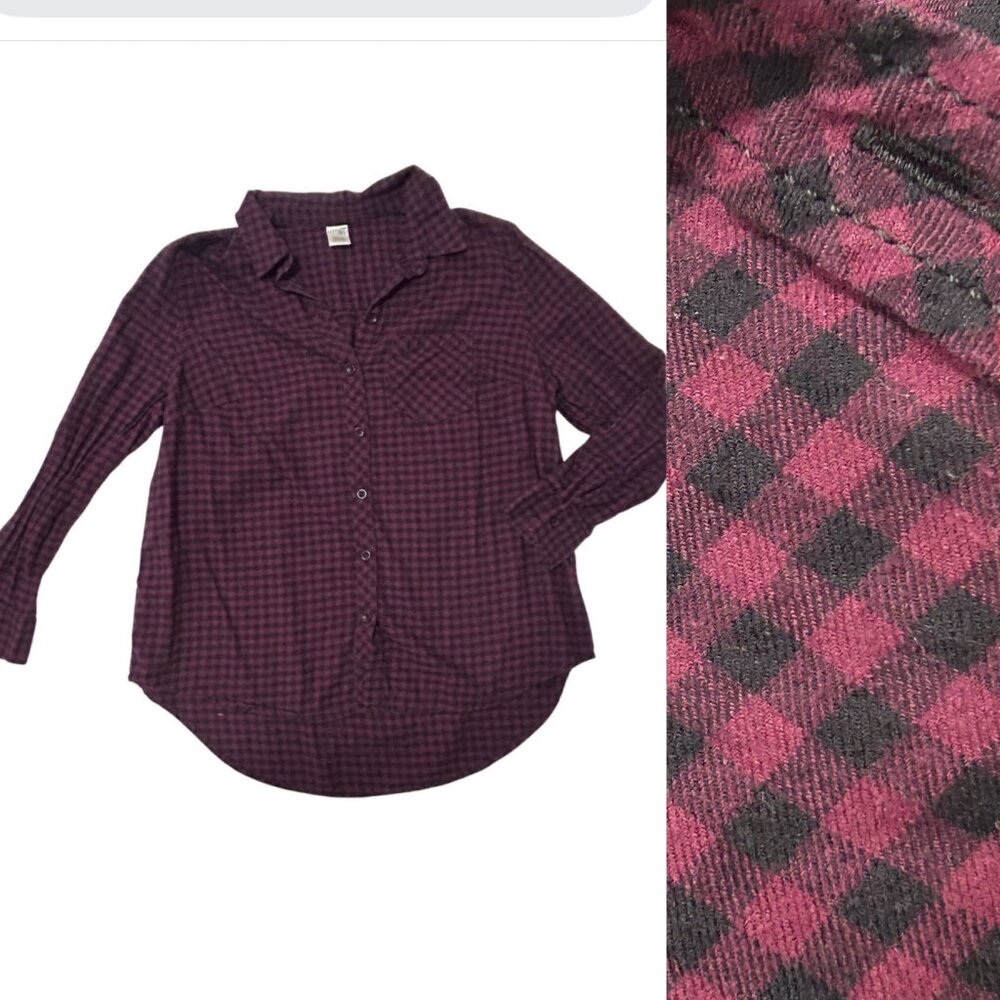 Womens Plaid Button-Up Long Sleeve Shirt Burgundy Plaid Chest Pockets 1825